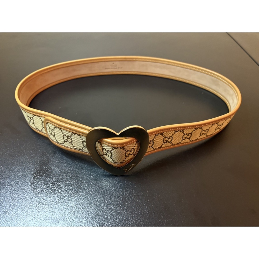GUCCI Heart Belt Lovely Heart Buckle locking Leather GG Canvas Brown 90/36 - Picture 4 of 9
